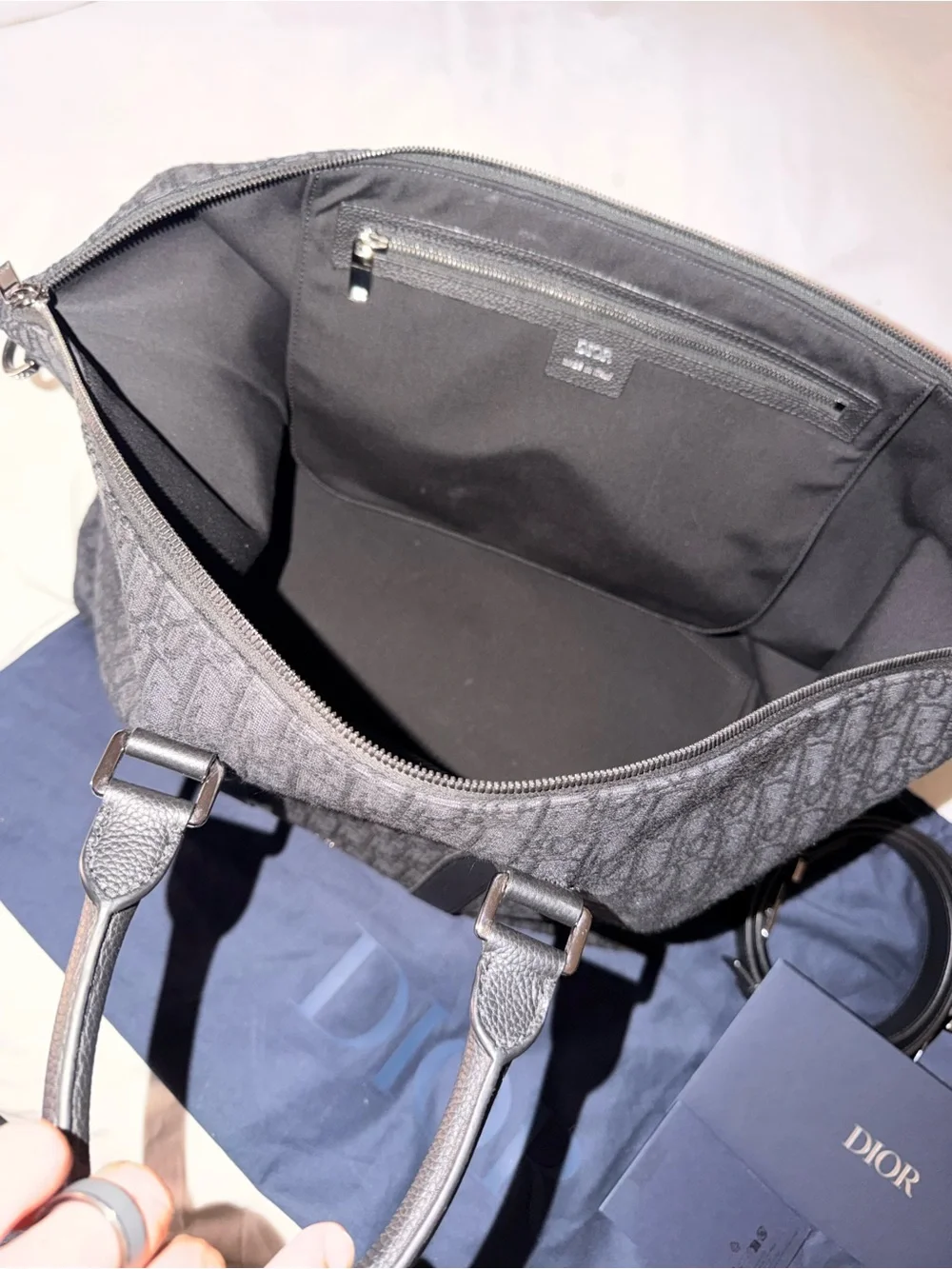 Dior Gray Monogram Canvas Duffel with Leather Trim
